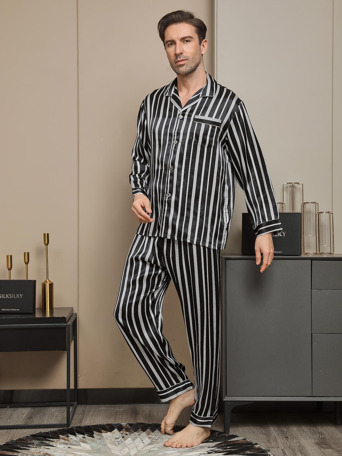 SilkSilky US Pure Silk Long Sleeve Lapel Men's Pajamas Black 004