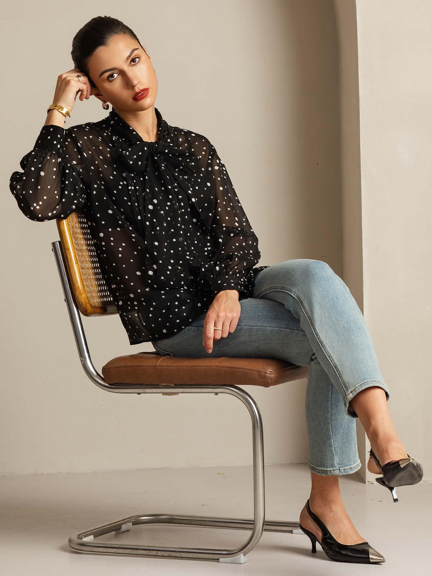 [PolkaDot] SilkSilky Pure Silk Tie Neck Women's Shirt 009