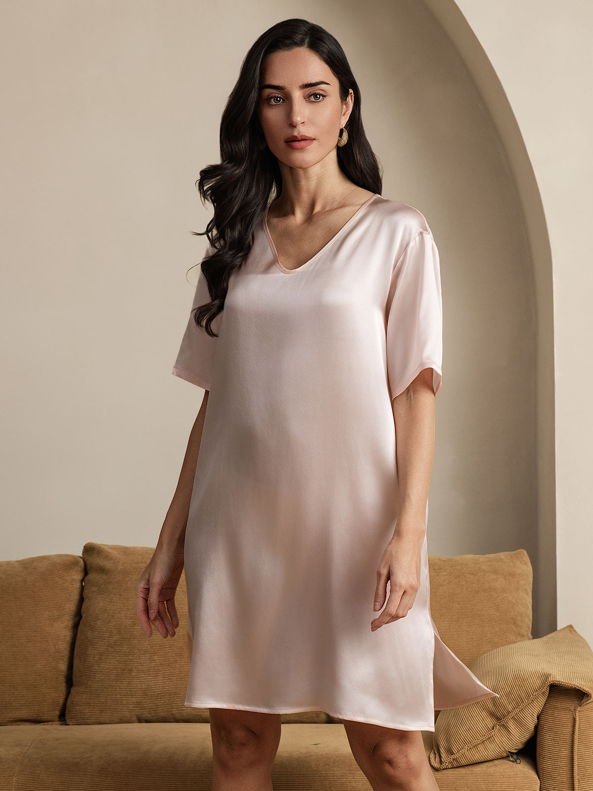 [Light Pink] SilkSilky  Pure Silk V Neck Nightgown 004