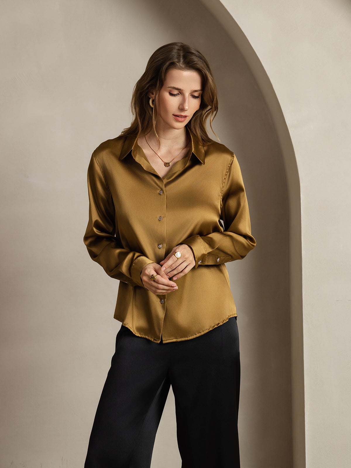 [Bronze] SilkSilky  Silk Lapel Collar Women's Shirt 006