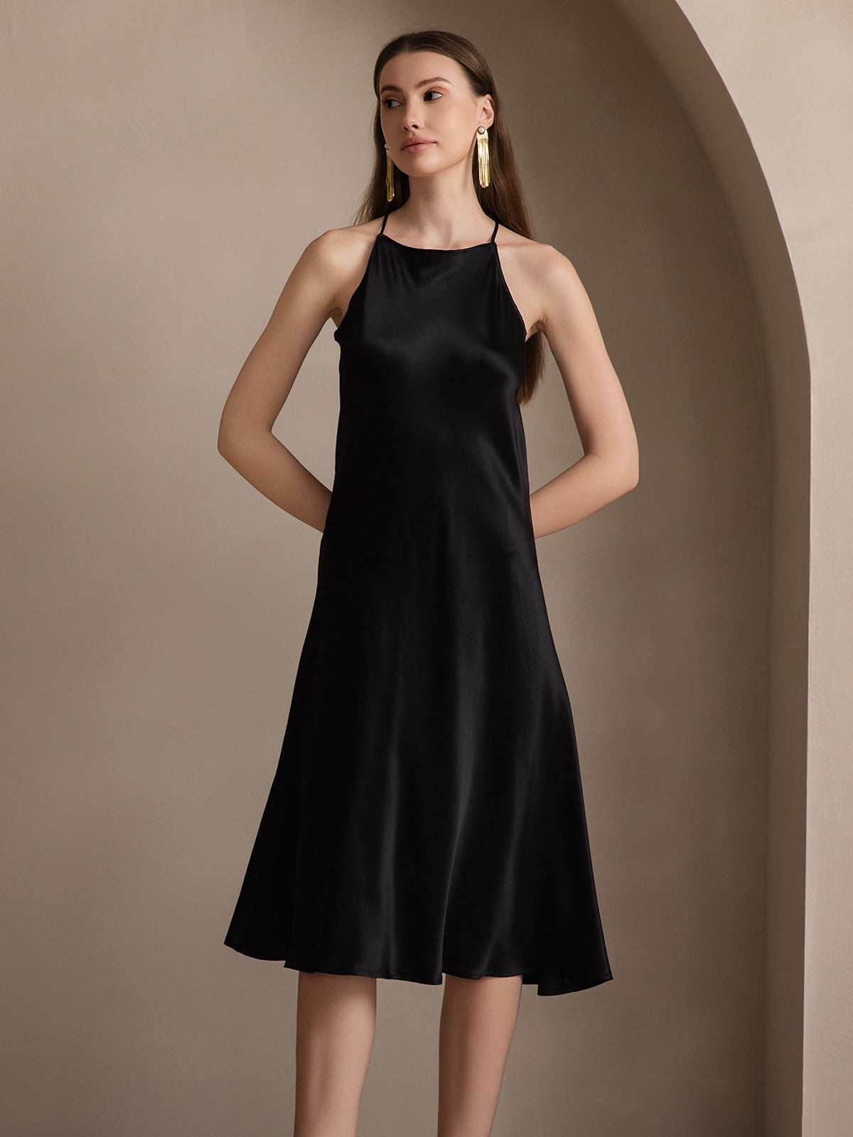 SilkSilky US 19Momme Silk Blend Sleeveless Dress Black 005