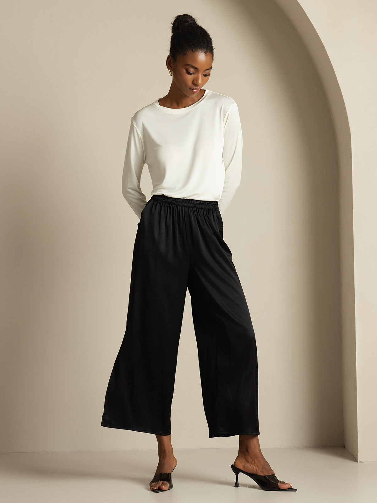 [Black] SilkSilky  19Momme Silk Split Women's Pants 005