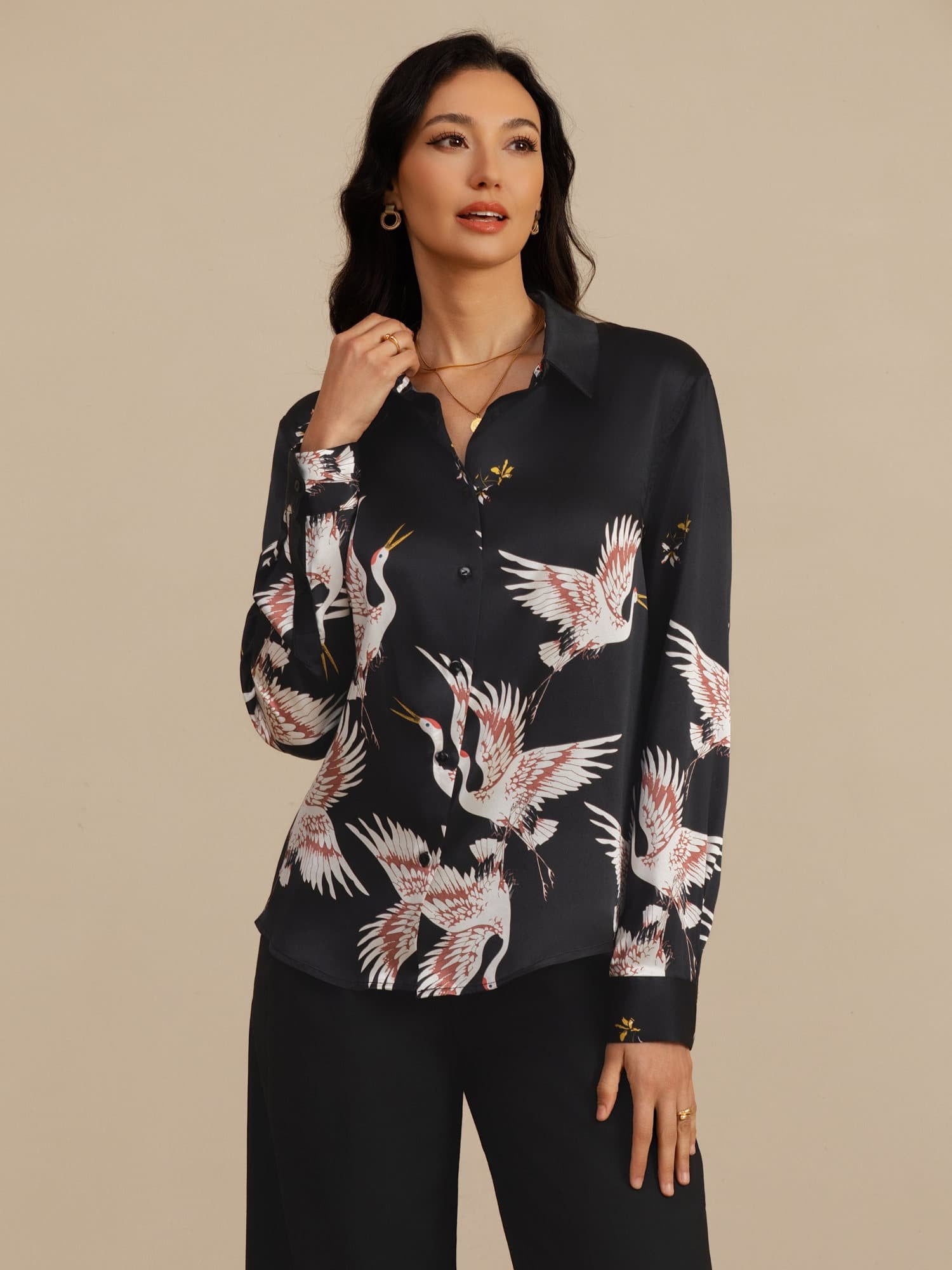 [Black] SilkSilky  19Momme Long Sleeve Lapel Collar Women's Shirt 005