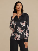 [Black] SilkSilky  19Momme Long Sleeve Lapel Collar Women's Shirt 005