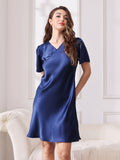 SilkSilky US Pure Silk Short Sleeve V Neck Nightgown DarkBlue 001