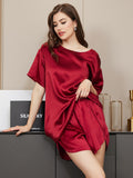 SilkSilky US Pure Silk Short Sleeve Round Neck Women's Pajamas Wine 001