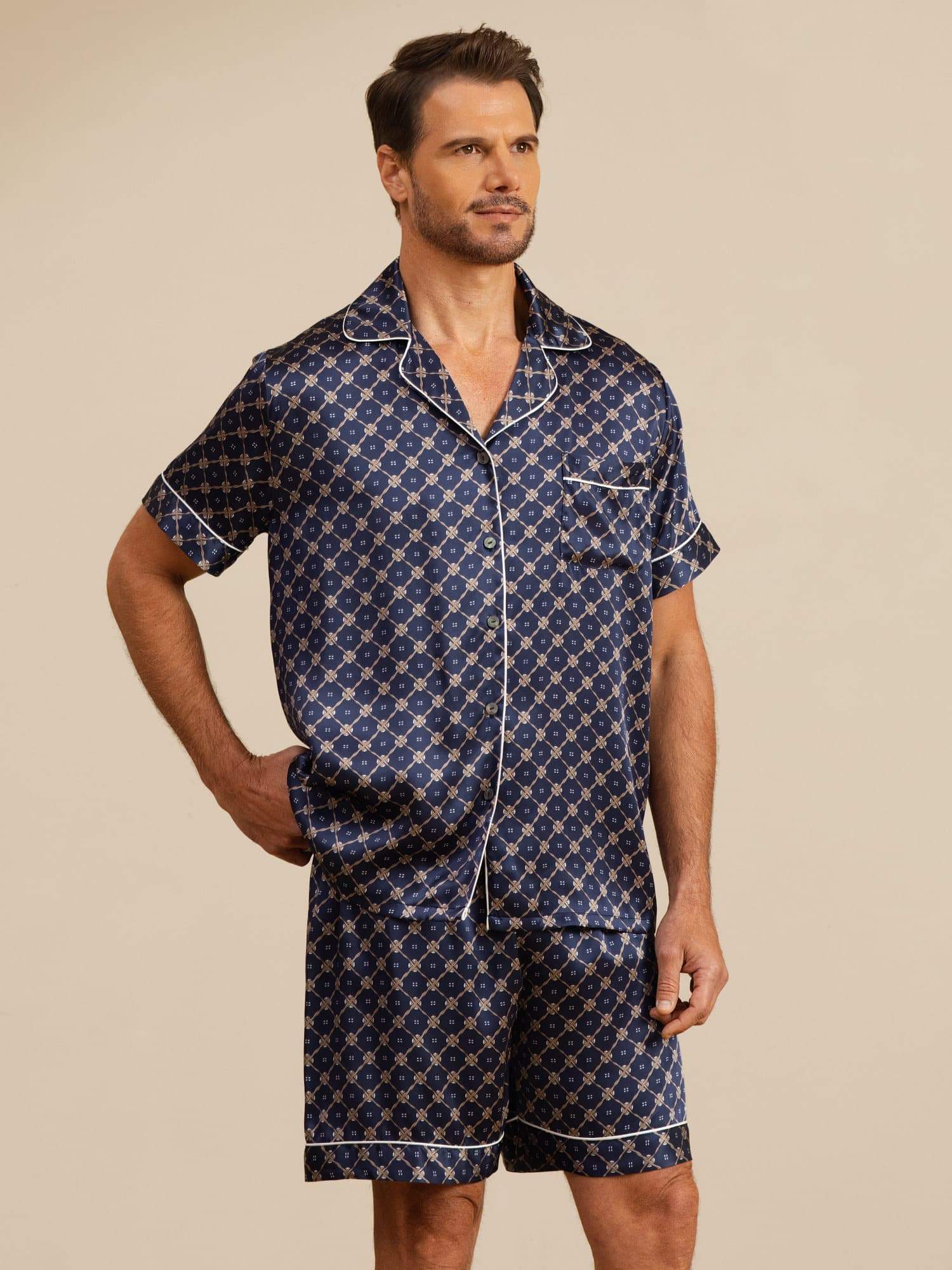 [Navy Chain] SilkSilky  Short Sleeve Notch Collar Men's Pajamas 001