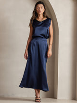 [Dark Blue] SilkSilky  19Momme Stretch Silk Charmeuse Skirt 005