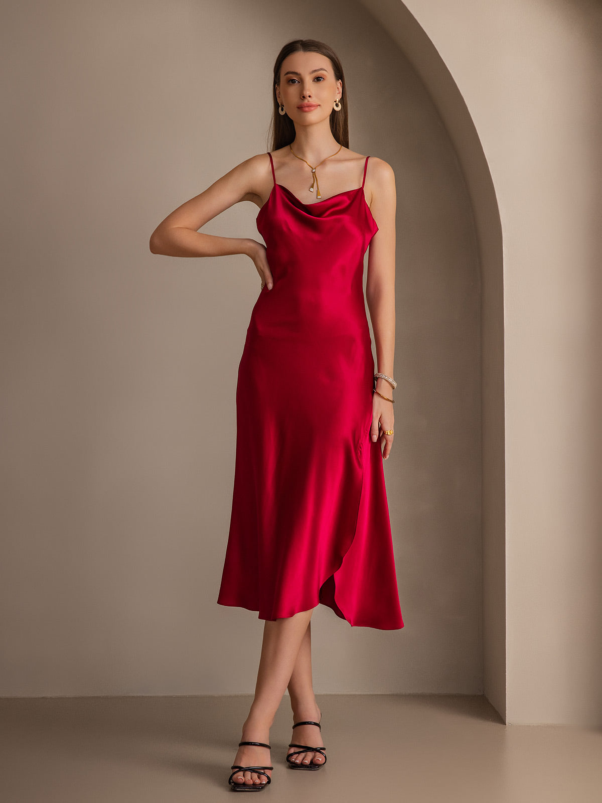 [Wine] SilkSilky  19Momme Pure Silk Cowl Neck Dress 004