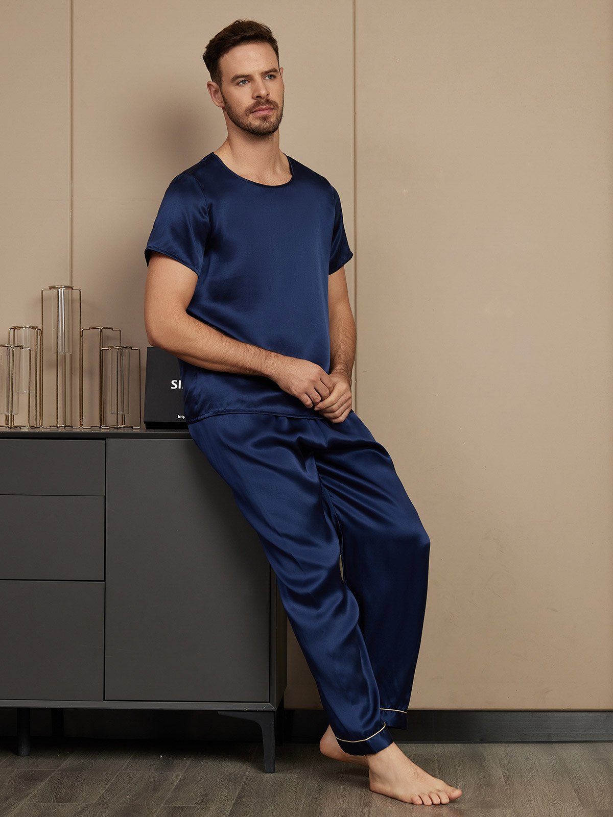 SilkSilky US Pure Silk Short Sleeve Round Neck Men's Pajamas DarkBlue 005