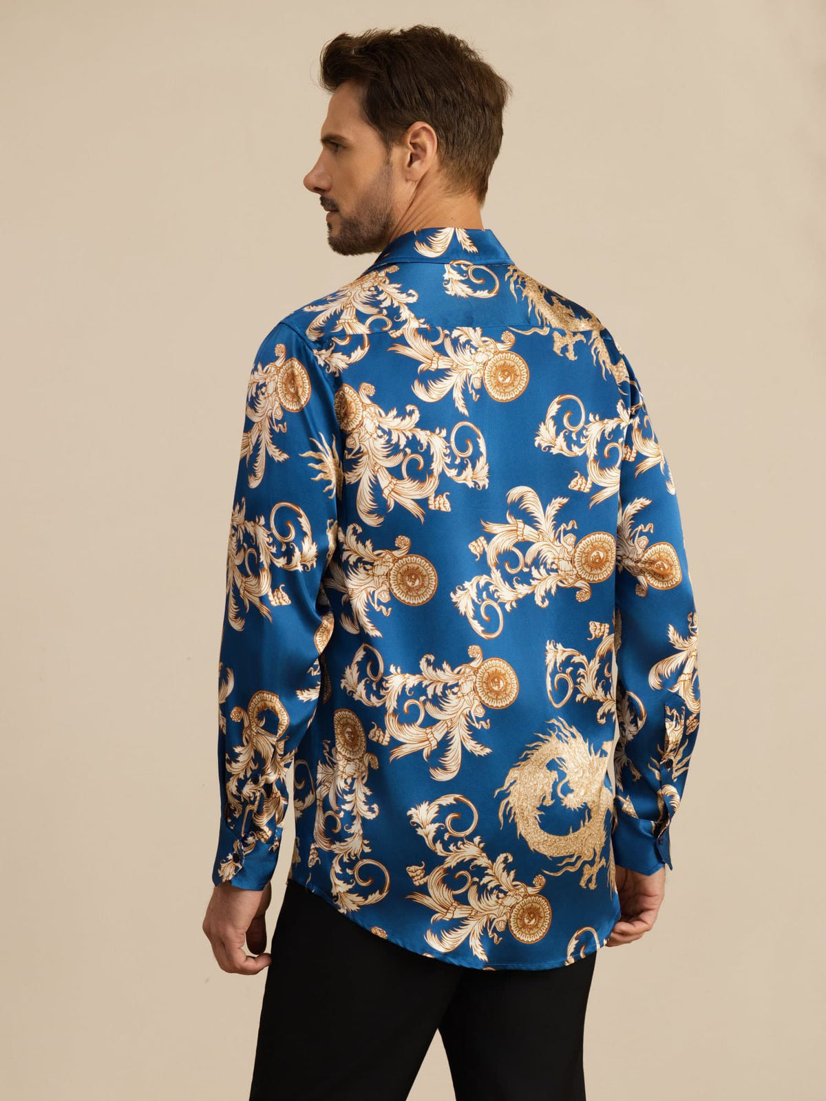 [Navy Dragon] SilkSilky Long Sleeve Lapel Collar Men's Shirt 002