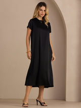 [Black] SilkSilky Short Sleeve Round Neck Dress 005