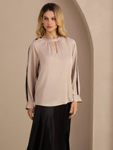 [Tan] SilkSilky Long Sleeve Keyhole Neck Women's Blouse 004