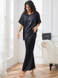 SilkSilky US Pure Silk Short Sleeve V Neck Women's Pajamas Black 004