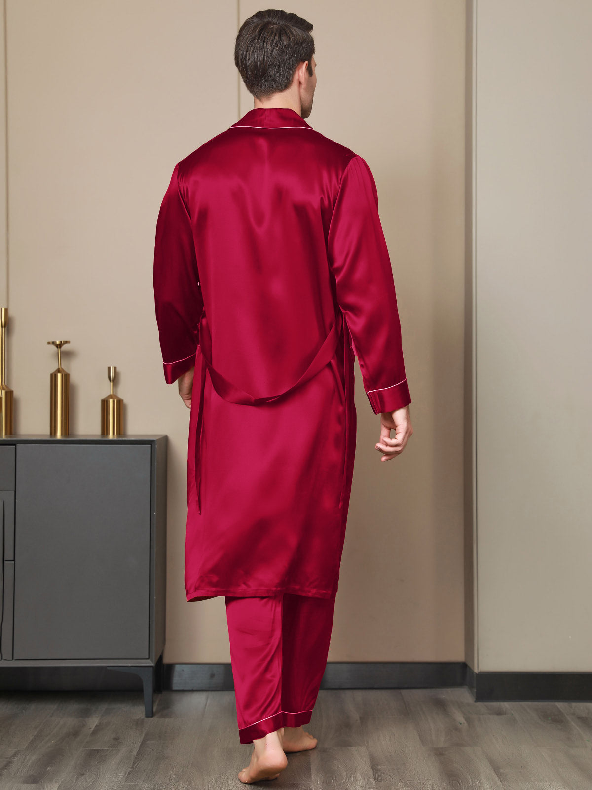 SilkSilky US Pure Silk Long Sleeve Lapel Men's Robe Wine 002