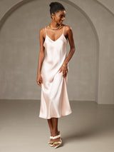 [Pink] SilkSilky  Pure Silk Spaghetti Strap V Neck Dress 001