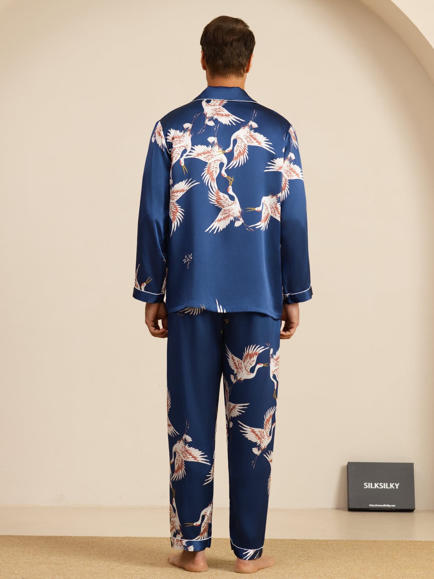 [Dark Blue] SilkSilky  19Momme Long Sleeve Notch Collar Men's Pajamas 002