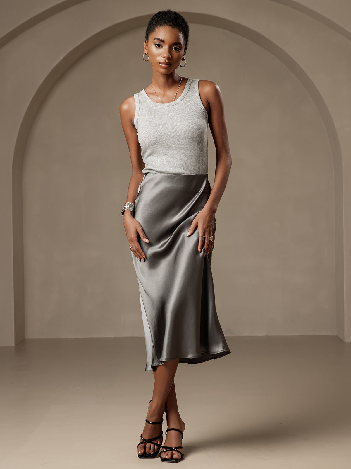 [Dark Gray] SilkSilky  19Momme Pure Silk Skirt 004