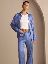 [Blue Pinstripe] SilkSilky Long Sleeve Lapel Collar Women's Outfit Sets 003