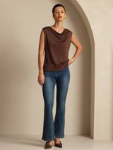[Coffee] SilkSilky Silk Sleeveless Cowl Neck Women's T-Shirt 006