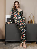 SilkSilky US Pure Silk Long Sleeve Lapel Women's Pajamas Black 007