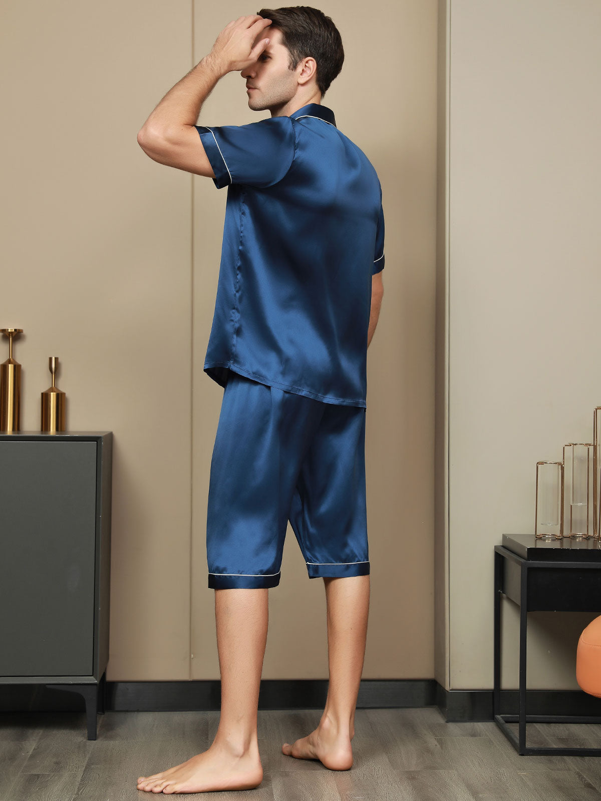 SilkSilky  Pure Silk Short Sleeve Lapel Men's Pajamas DarkBlue 002