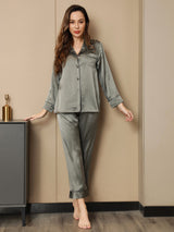 [Grayish Green] SilkSilky  Long Sleeve Notch Collar Women's Pajamas 003