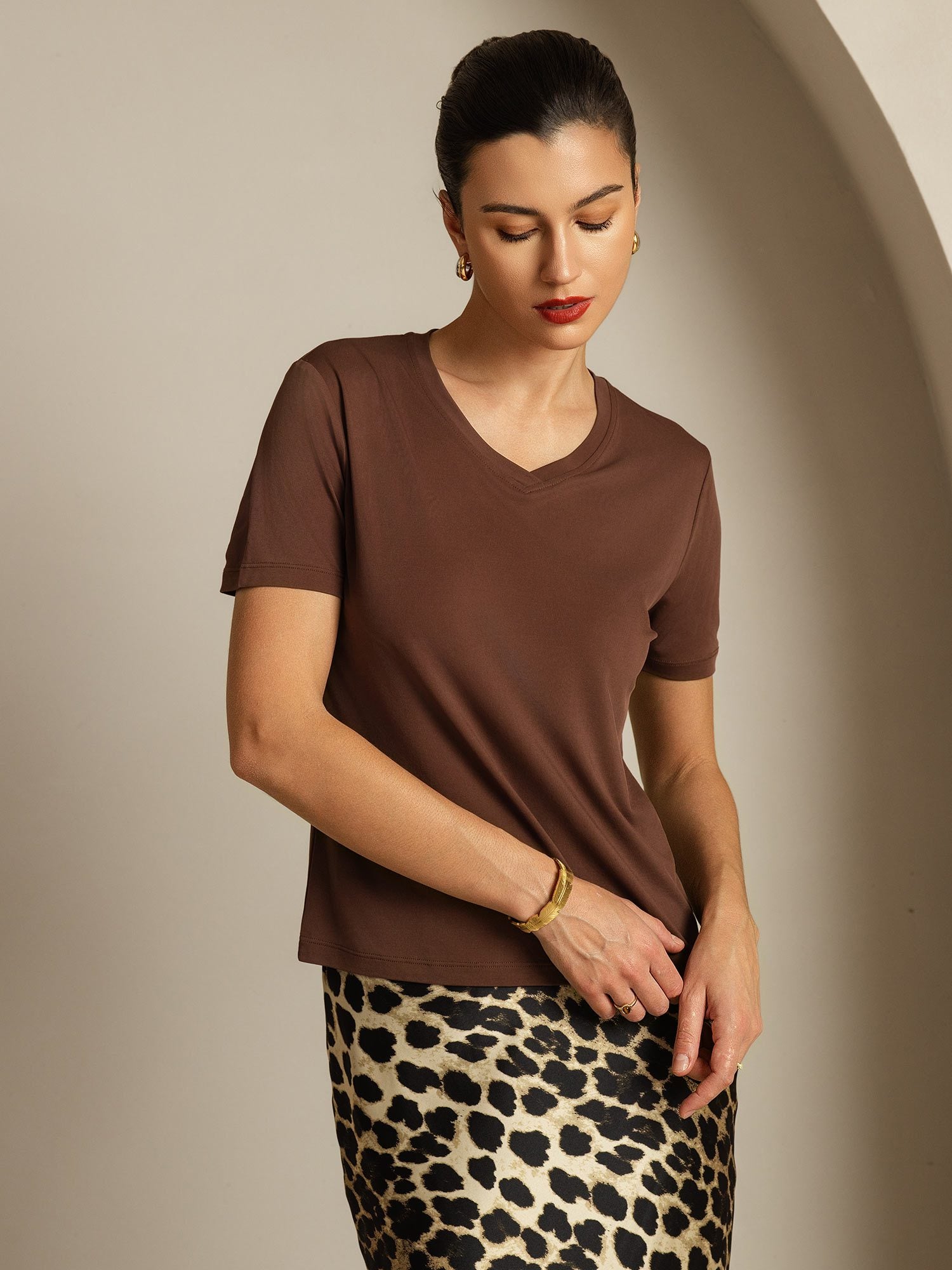 [Coffee] SilkSilky Pure Silk V Neck Women's T-Shirt 006