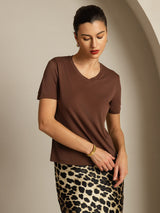 [Coffee] SilkSilky  Short Sleeve V Neck Women's T-Shirt 006