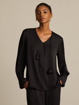 [Black] SilkSilky 19Momme Silk Long Sleeve V Neck Blouse 001