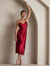 [Wine] SilkSilky  Pure Silk Spaghetti Strap V Neck Dress 007