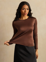 [Coffee] SilkSilky  100% Silk Jersey Long Sleeve Crew Neck Women's T-Shirt 007