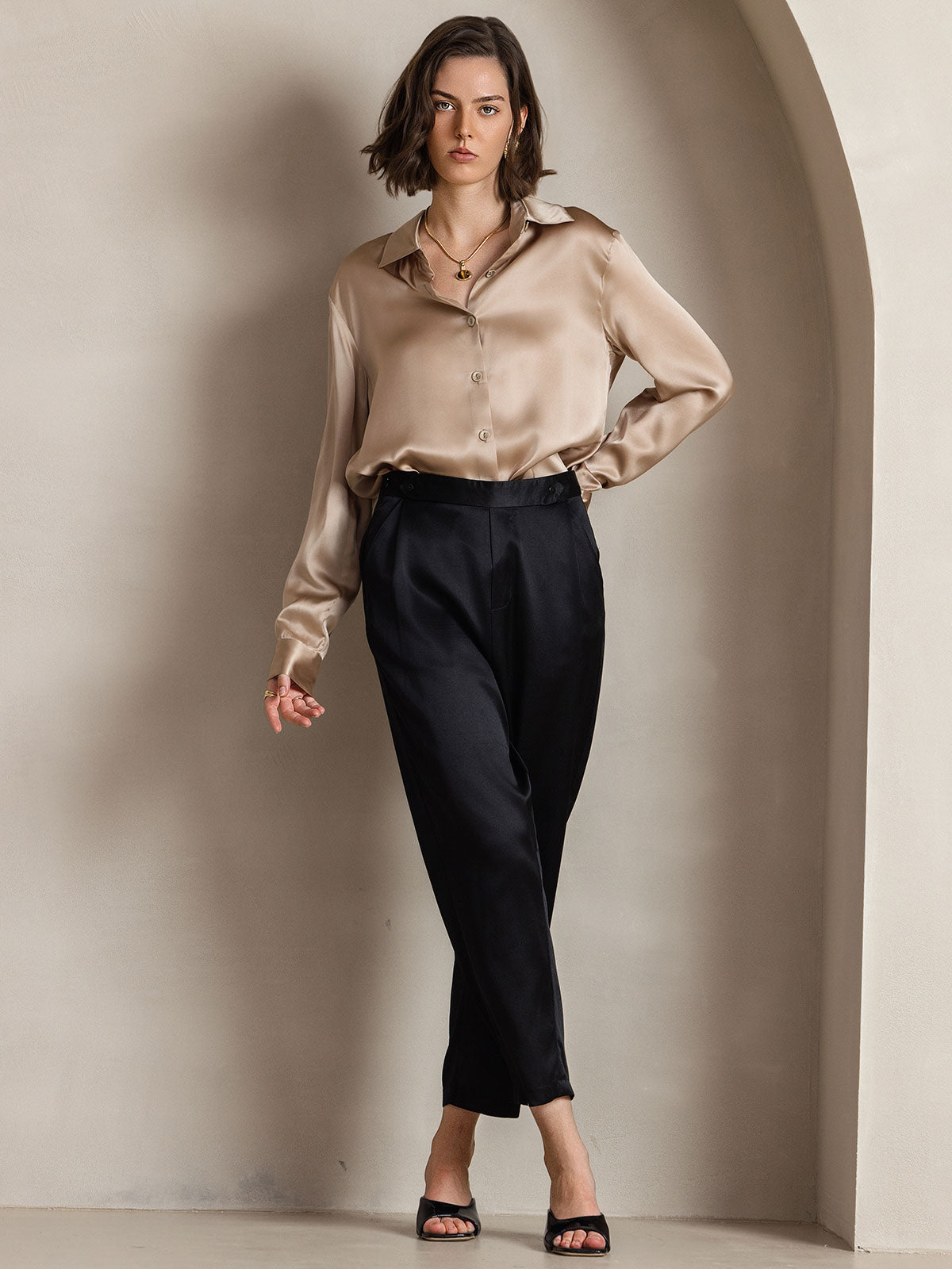 [Champagne] SilkSilky  Silk Lapel Collar Women's Shirt 005