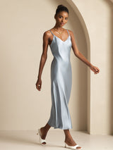 [Grayish Blue] SilkSilky Spaghetti Strap V Neck Dress 004