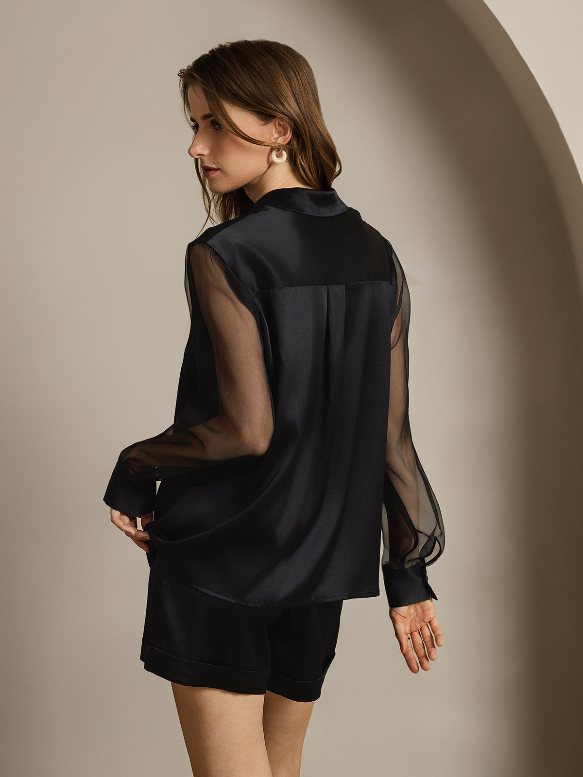 [Black] SilkSilky  19Momme Silk Lapel Collar Women's Shirt 002