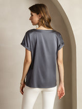 [Dark Gray] SilkSilky  19Momme Stretch Silk Charmeuse Short Sleeve Boat Neck Women's T-Shirt 002
