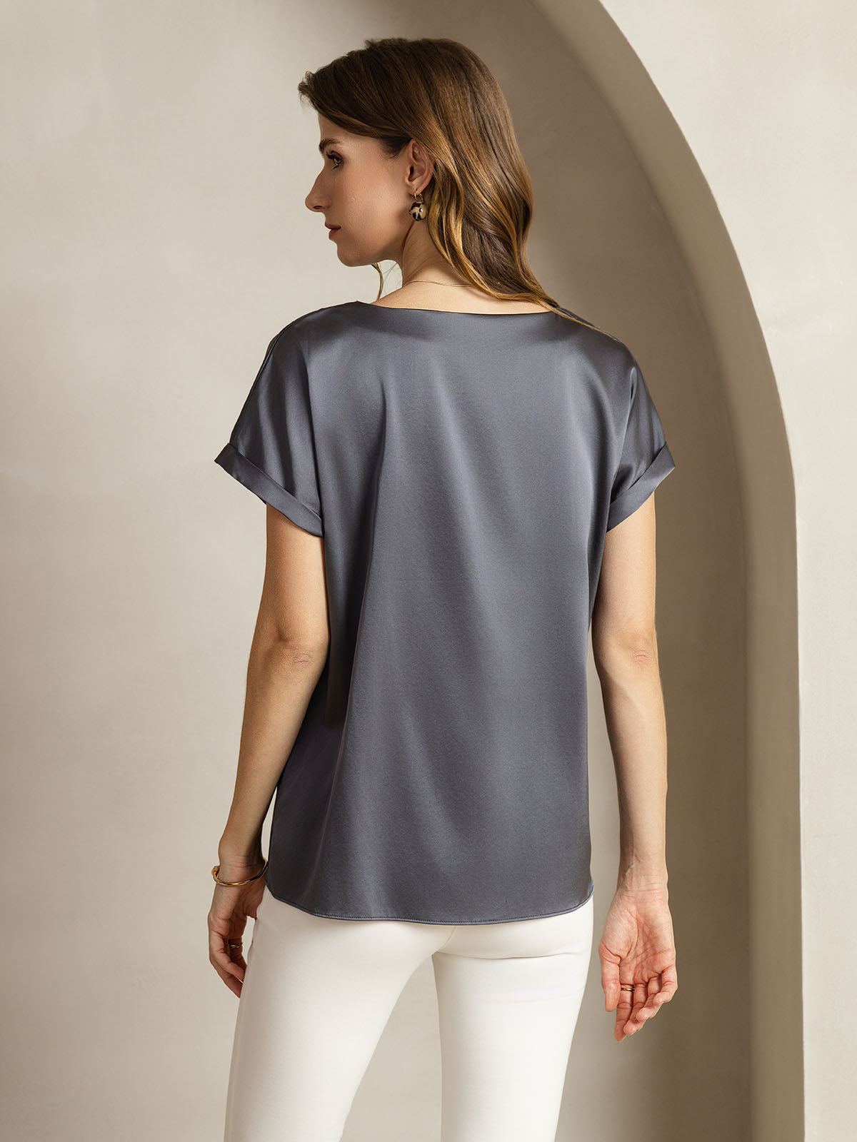 [Dark Gray] SilkSilky  19Momme Silk Round Neck Women's T-Shirt 002,