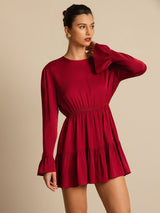 [Wine] SilkSilky  19Momme Silk Long Sleeve Round Neck Dress 006