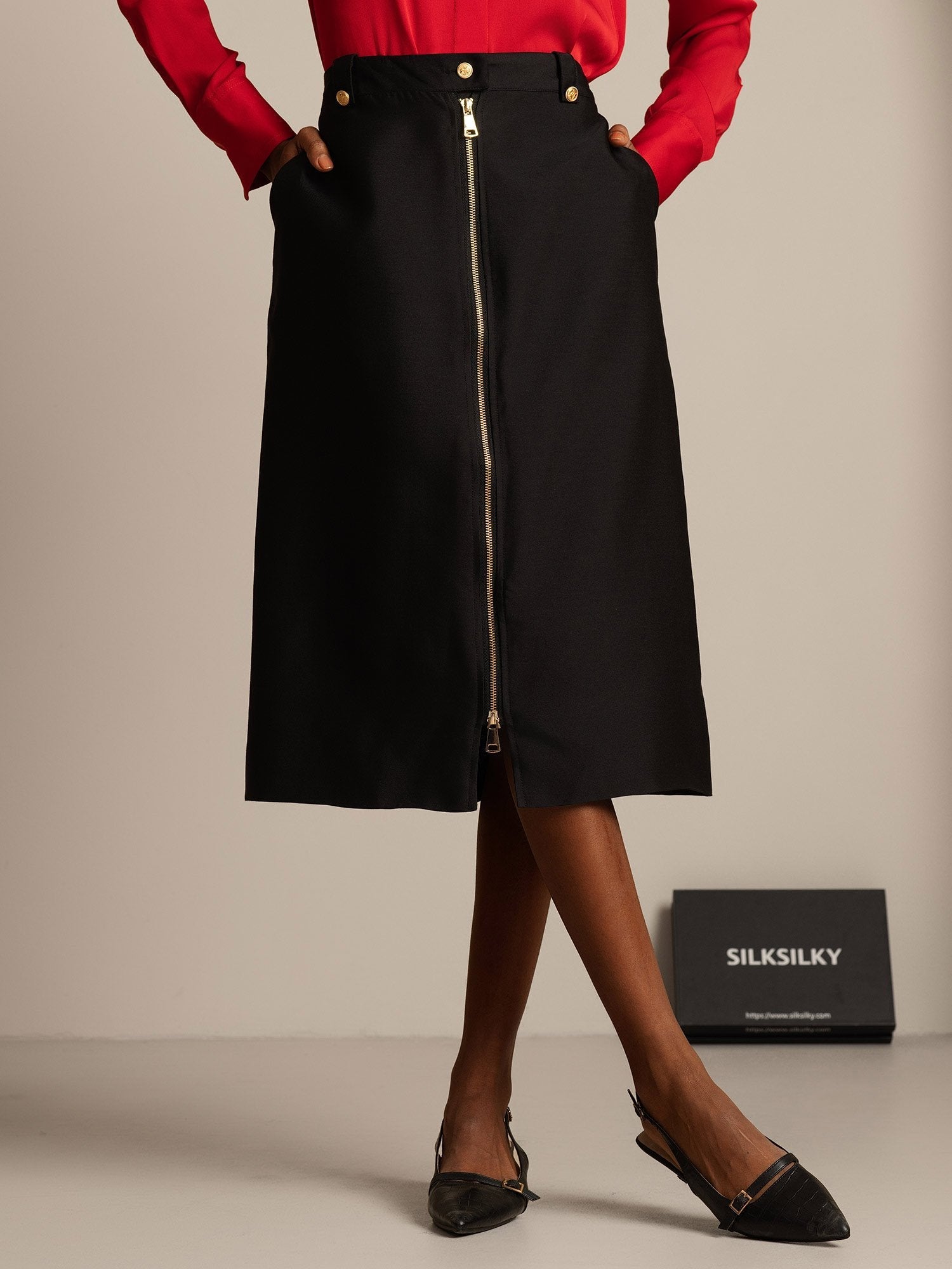 [Black] SilkSilky  32Momme Silk Split Skirt 001,