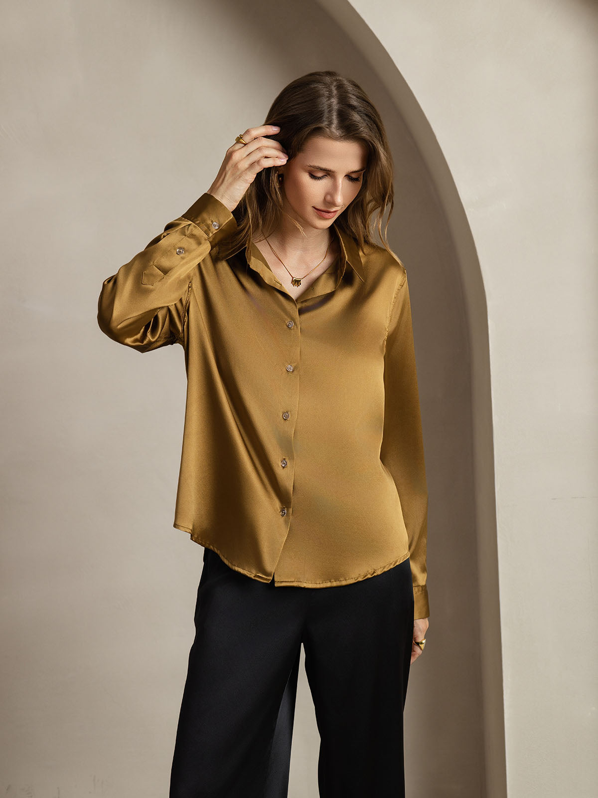 [Bronze] SilkSilky  Silk Long Sleeve Lapel Collar Women's Shirt 001