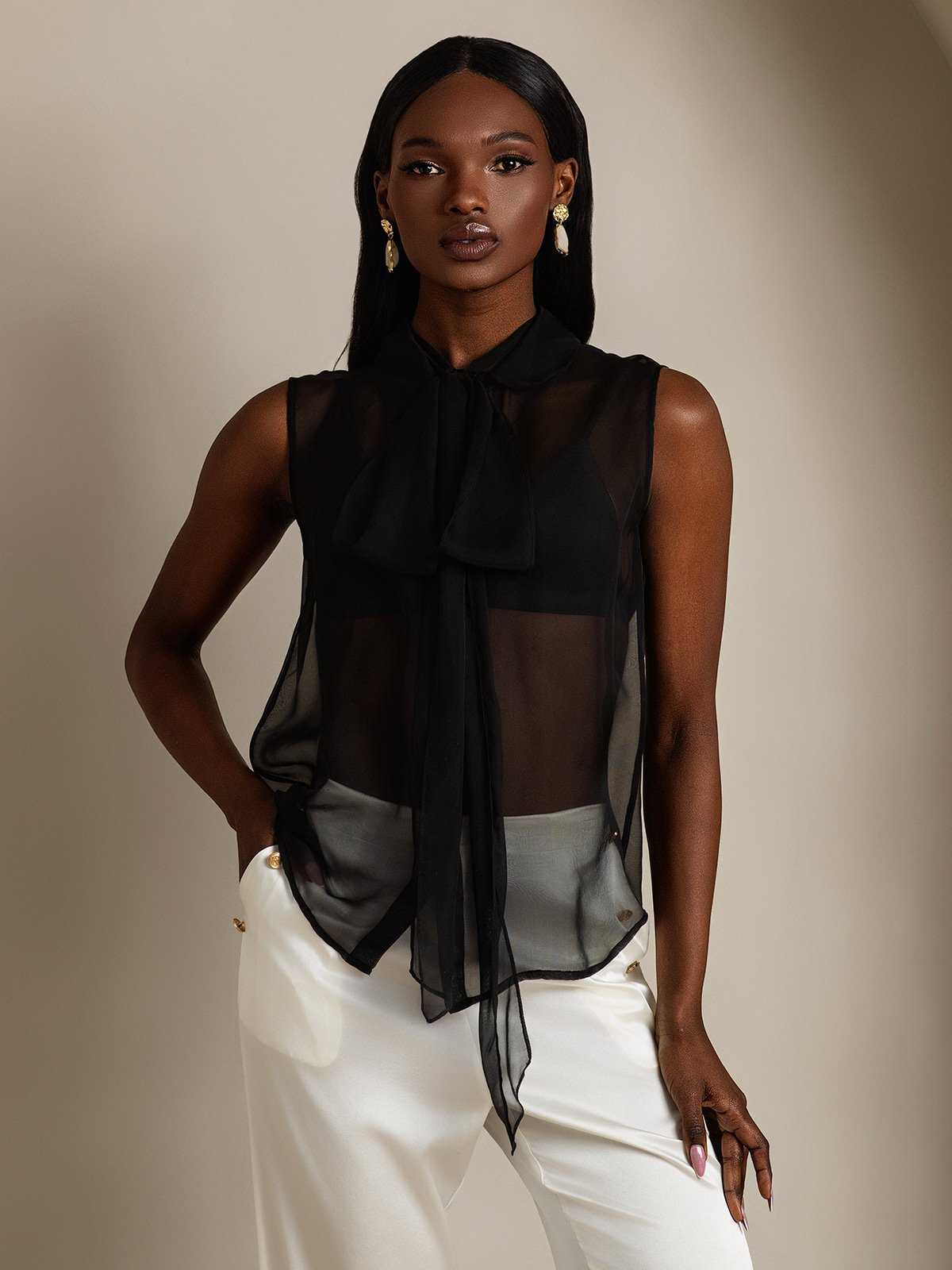 SilkSilky Pure Silk Sleeveless Tie Neck Women's Shirt Black 004