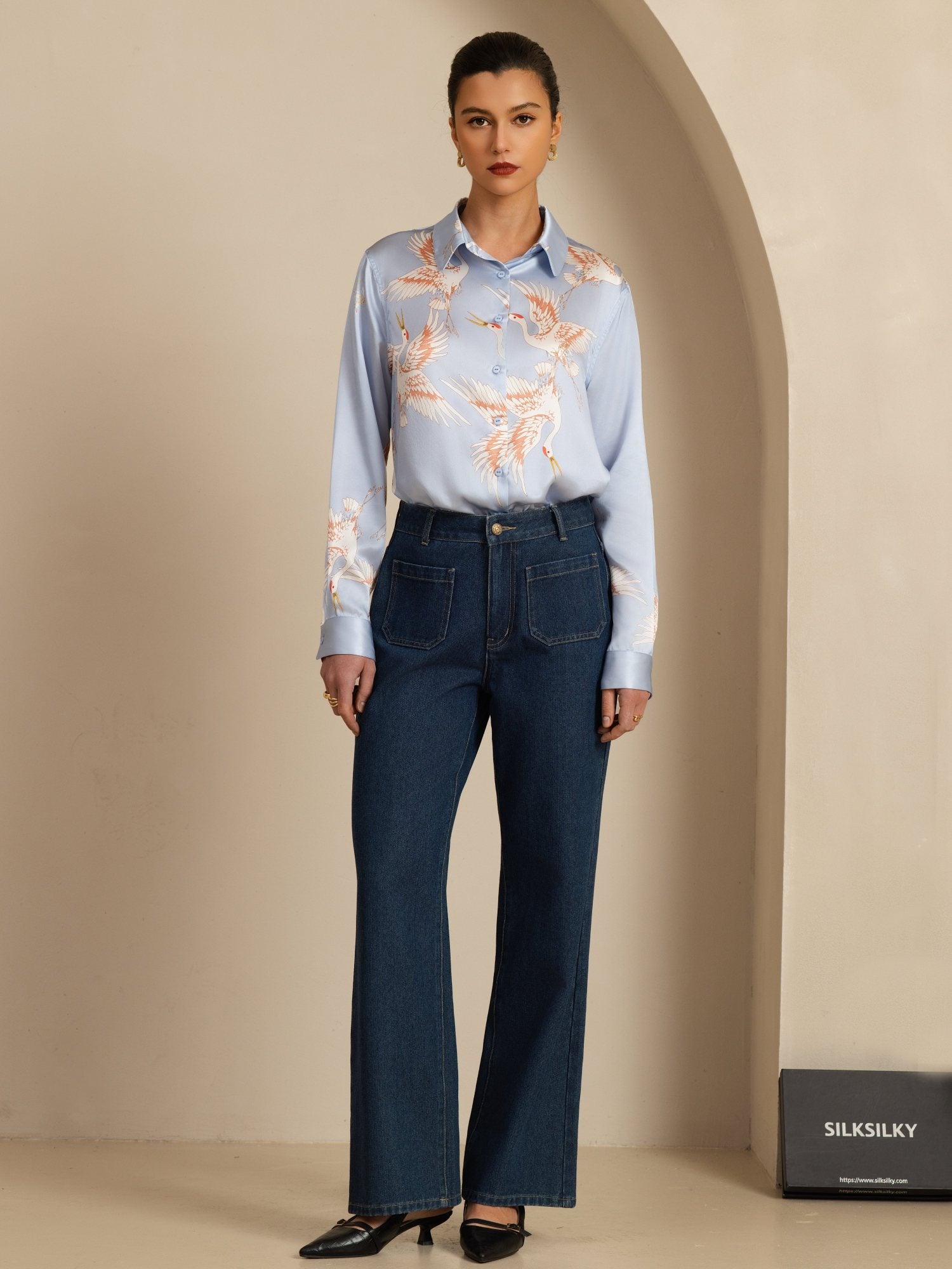 [Light Blue] SilkSilky  19Momme Long Sleeve Lapel Collar Women's Shirt 007