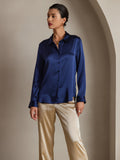 SilkSilky US Silk Blend Long Sleeve Collar Women's Shirt DarkBlue 001