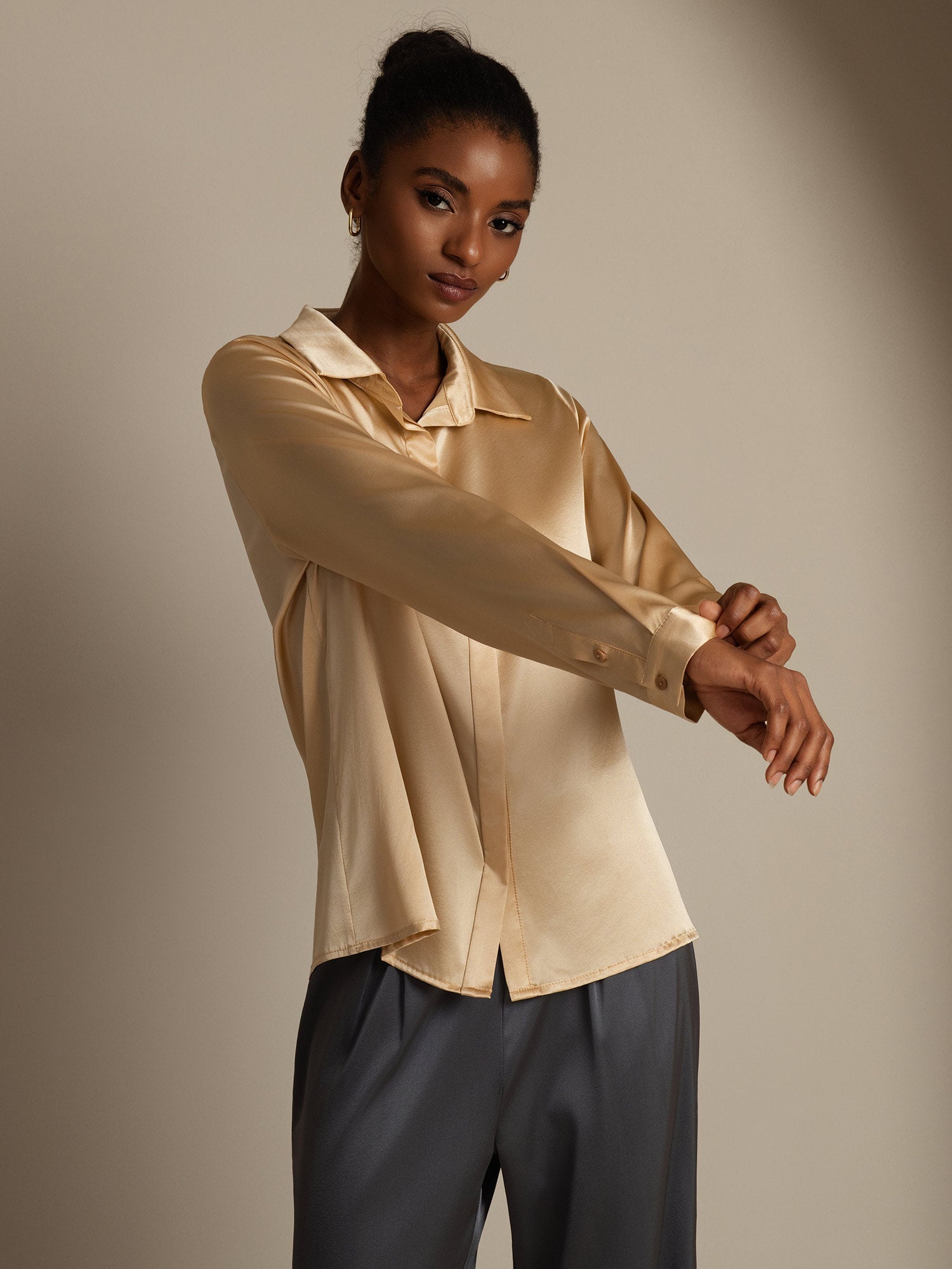 [Champagne] SilkSilky  19Momme Silk Long Sleeve Lapel Collar Women's Shirt 005