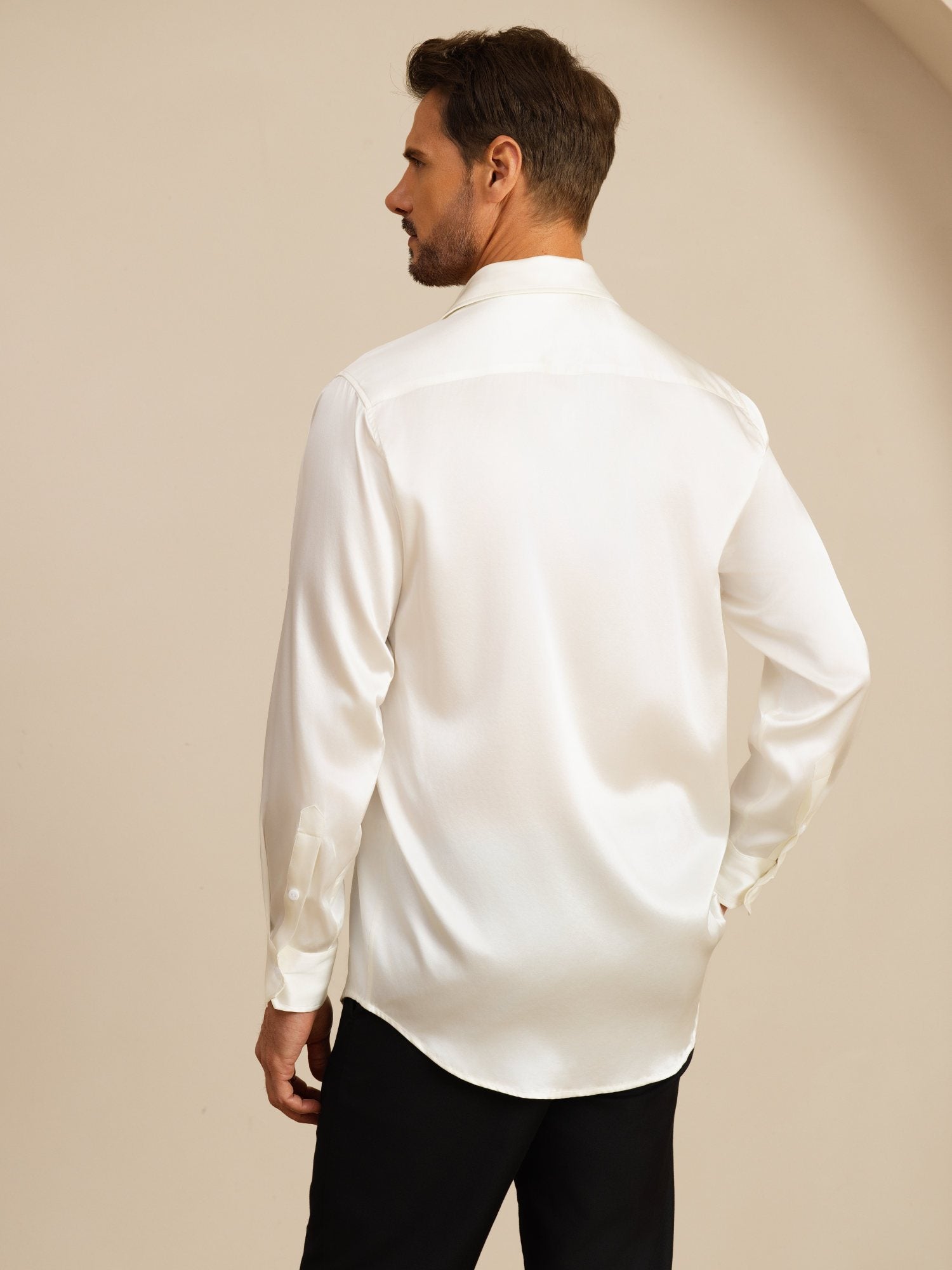 [White] SilkSilky 19Momme Stretch Silk Charmeuse Long Sleeve Lapel Collar Men's Shirt 002