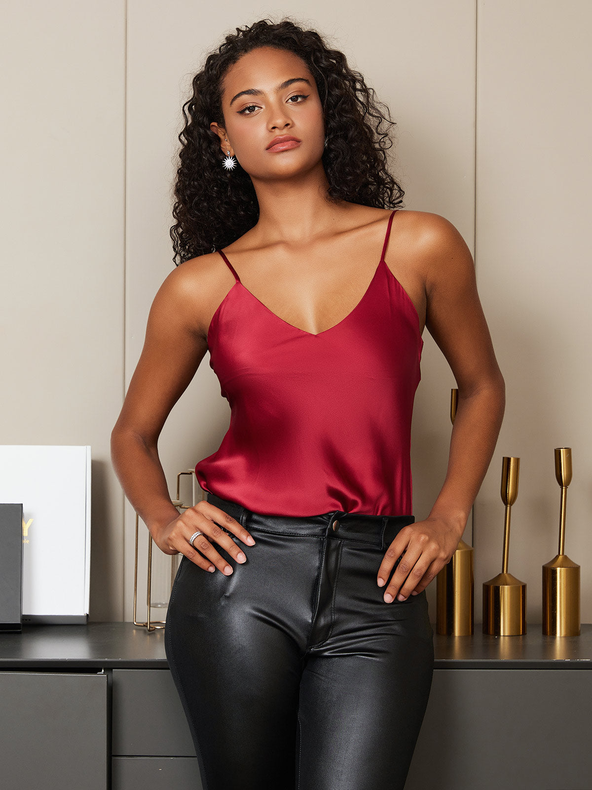 [Dark Red] SilkSilky  Pure Silk V Neck Camisole Top 004