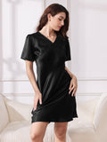 SilkSilky US Pure Silk Short Sleeve V Neck Nightgown Black 003