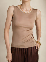 [Coffee] SilkSilky  100% Silk Jersey Sleeveless Round Neck Women's T-Shirt 005