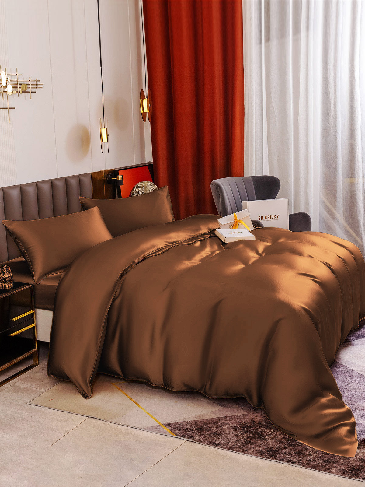 SilkSilky US 19Momme Pure Silk Bedding Set Coffee 004