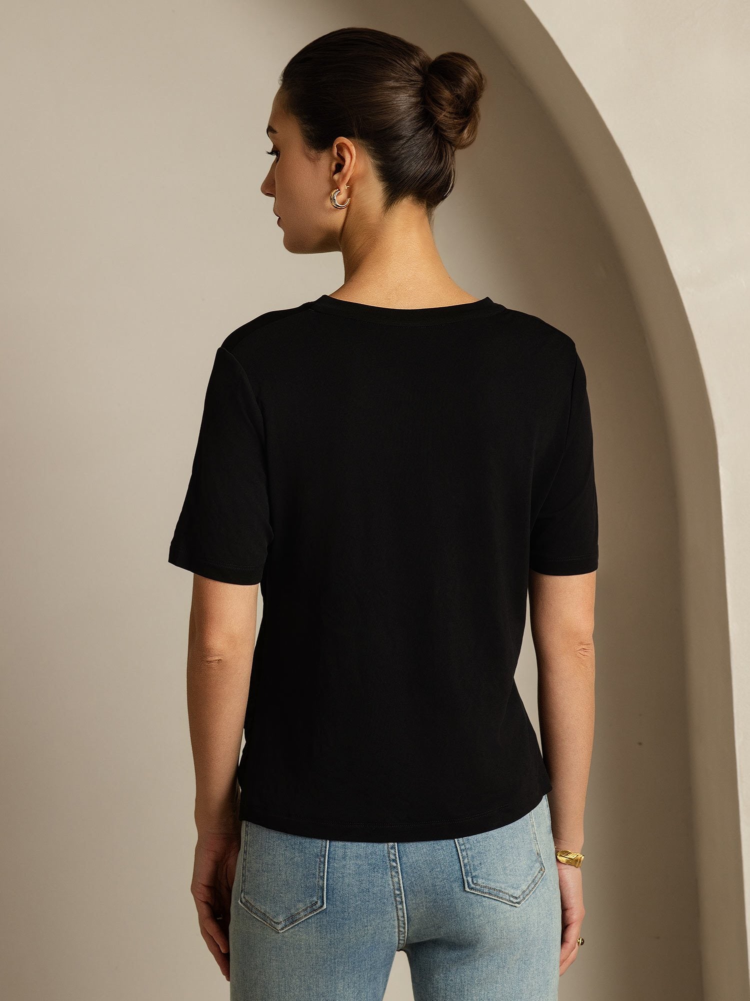 [Black] SilkSilky Pure Silk V Neck Women's T-Shirt 002